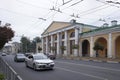 Building of Ryazan philarmony and traffic in Lenin street, the center of Ryazan. Cloudy summer view.