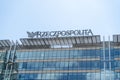 Building of Rzeczpospolitas headquarter in Warsaw. Rzeczpospolita - Polish newspaper house. Logo brand. Street outdoor