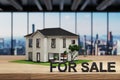 Building for sale, modern house villa style standing on wooden desk in modern office, skyline view, 3D Illustration