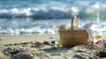 Building sandcastles by the sea with a picnic basket filled with delectable treats like homemade cookies and refreshing Royalty Free Stock Photo