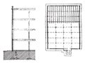 Building section and plan view of spinning, vintage engraving