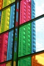 Building seen through the coloured window panes.