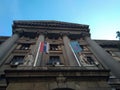 Building of Serbian railways, with two flags, Belgrade. Royalty Free Stock Photo