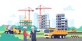 Building site. Builder and contractor in workflow. Workers consider project drawing. Skyscrapers and houses construction Royalty Free Stock Photo