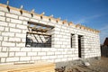 Building site of a house under construction. unfinished house walls made from white aerated autoclaved concrete blocks. outside Royalty Free Stock Photo