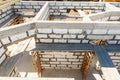 Building site of a house under construction. Unfinished house walls made from white aerated autoclaved concrete blocks. Royalty Free Stock Photo