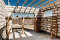 Building site of a house under construction. Unfinished house walls made from white aerated autoclaved concrete blocks. Royalty Free Stock Photo