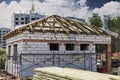 Building site of a house under construction. Unfinished house walls made from white aerated autoclaved concrete blocks. Wooden Royalty Free Stock Photo