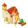 Building site icon isometric vector. Excavator hammer near church building icon