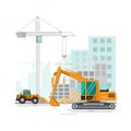 Building site work process under construction with cranes and ma Royalty Free Stock Photo