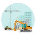 Building site work process under construction with cranes and ma Royalty Free Stock Photo