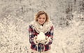 Building snowman. Frozen landscape. Snow makes everything outdoors look amazing. Woman warm clothes snowy forest. Nature