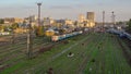 The building of the Southern Railway Station and the trains on platforms against Kharkiv, Ukraine.