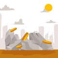 Building stones with golden coins cartoon flat banner. Stones and rocks in isometric 3d style vector illustration. Set Royalty Free Stock Photo