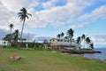 A building structure and memorial monument next to the beach in Levuka, Ovalau island, Fiji