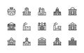 Building and structures vector linear icons. Isolated icon collection of buildings stadium, railway station, city, factory and Royalty Free Stock Photo