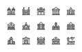 Building and structures vector linear icons. Isolated icon collection of buildings tower, castle, synagogue, museum and more Royalty Free Stock Photo