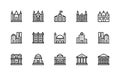 Building and structures vector linear icons. Isolated icon collection of buildings castle, parliament, church, city, mosque and Royalty Free Stock Photo