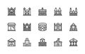 Building and structures vector linear icons. Isolated icon collection of buildings hospital, castle, museum, shop and more Royalty Free Stock Photo