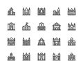 Building and structures vector linear icons set. Buildings icons of tower, dacha, villa, bank, library and more