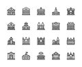 Building and structures vector linear icons set. Buildings icons of university, synagogue, mosque, bungalow and more