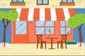 The building of the summer cafe with outdoor tables and chairs. Vector concept of a summer cafe. Flat vector Royalty Free Stock Photo