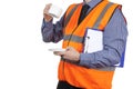 Building Surveyor in orange visibility vest having a tea break Royalty Free Stock Photo