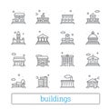 Building thin line icons. Public, government, education and personal houses. Modern linear vector design elements.