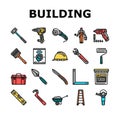 building tool hammer repair drill icons set vector