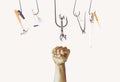 Building tool repair equipments, Labor Day photography concept, closeup of the raised fist of a young man