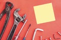 Building tool repair equipments on red background,