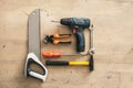 Building tool repair equipments wooden background Royalty Free Stock Photo