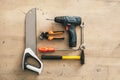 Building tool repair equipments wooden background