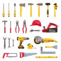 Building tools. Construction hardware, screwdriver, hammer, saw and drill, builder helmet and electric equipment. Repair