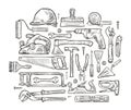 Building tools hand-drawn sketch. Construction vector illustration