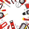 Building tools in red, gray and yellow colors. Repair hand tools screwdriver,furniture stapler, wrench, pliers, tape measure, Royalty Free Stock Photo