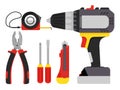 Building tools in red, grey and yallow colors. Repair hand tools screwdriver, pliers, tape roulette, knife tool.