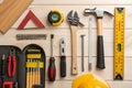 Building tools and supplies on wooden table for construction Royalty Free Stock Photo