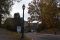 Building, trees, light and road in Duke University