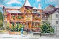 Building in Truskavets. Watercolor painting Royalty Free Stock Photo