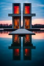 Building with two windows reflecting in the water at sunset. Generative AI Royalty Free Stock Photo