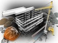 building under construction with a crane and other building fixtures on top of blue print,3d Royalty Free Stock Photo