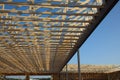 Building under construction wood roof structure beams planks house development frame Royalty Free Stock Photo