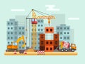 Building under construction, workers and construction technical vector illustration Royalty Free Stock Photo