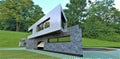 A building with an unusual design. Sharp corner. Finishing - white Carrara marble and gray slate. 3d render.