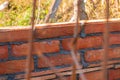 Building a wall with red brick. Working with bricks for building a wall, Construction tools Royalty Free Stock Photo