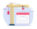 Building web site new vector or website development creation process via crane flat cartoon graphic illustration, digital service Royalty Free Stock Photo