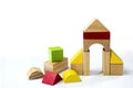 Building wood bricks children& x27;s toys wooden cubes isolate on a w