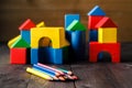 Building from wooden colourful childrens blocks Royalty Free Stock Photo