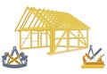 Building wooden house with carpenter and joiner illustration